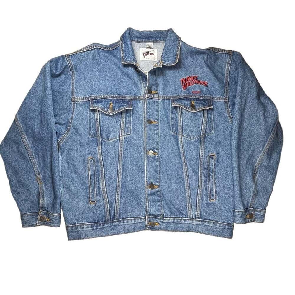 Vintage 90s Planet Hollywood Maui Embroidered Logo Denim Jacket Blue XL